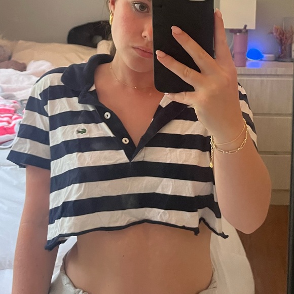 Navy and white striped Lacoste cropped (cut) shirt #stripes - Picture 1 of 3